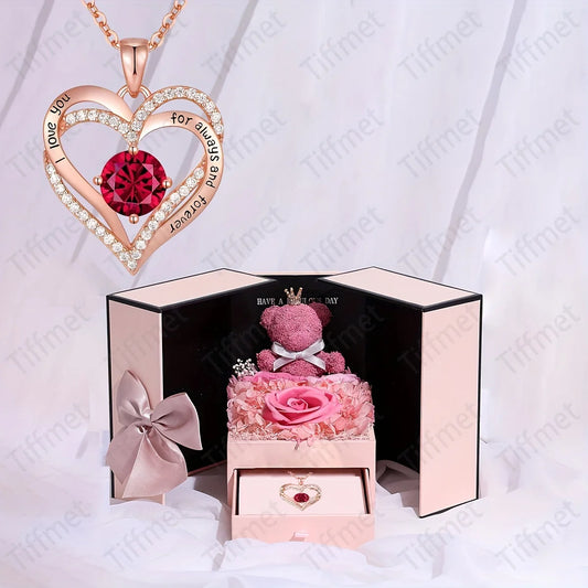 Coffret cadeau ours rose éternelle avec collier en coeur